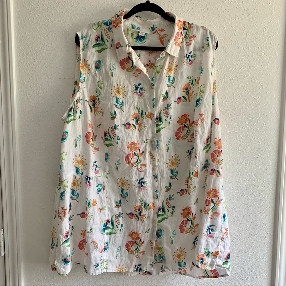 J Jill Love Linen Tunic Blouse Sleeveless Collar Button Plus Size 4X Floral